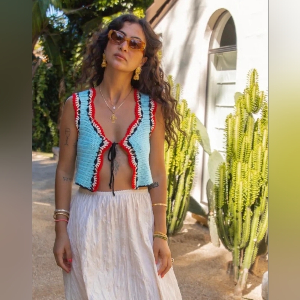 Source Unknown Crochet Crop Top - Blue, Red, and Black
